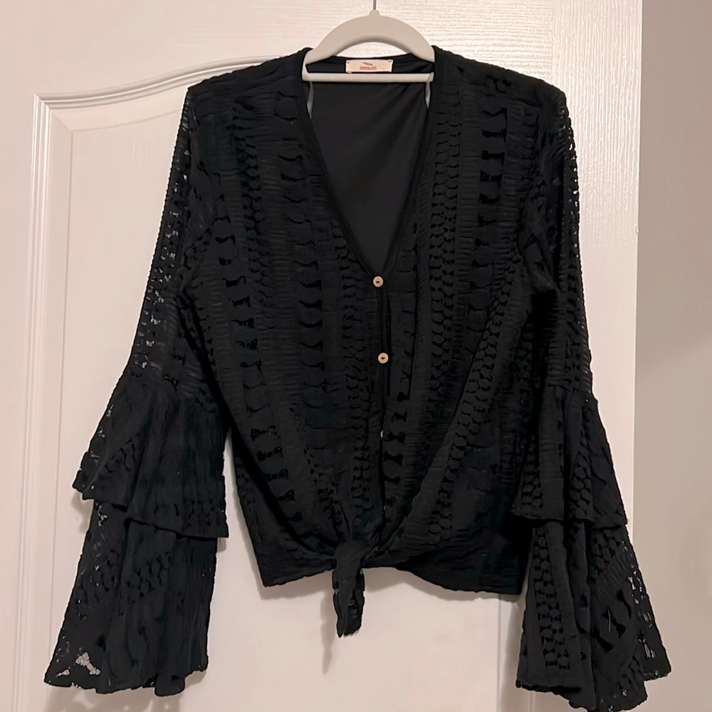 Crocheted Layered Bell Sleeve Tie Front Blouse